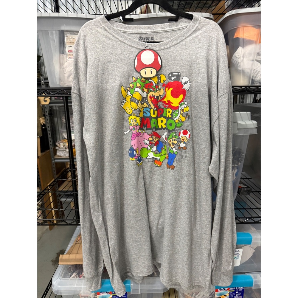 Nintendo Super Mario Bros Character Graphic Long Sleeve T-Shirt Gray 2XL NEW